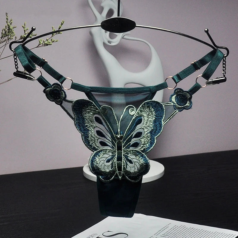Sexy Lace Thong Women Butterfly Low Waist Panties G strings Transparent Mesh Briefs Adjustable Waist Panties Culotte Femme