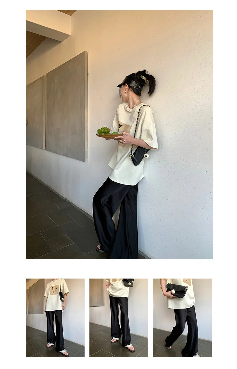 Satin Wide Leg Pants Long Floor Casual Pants Women's Summer