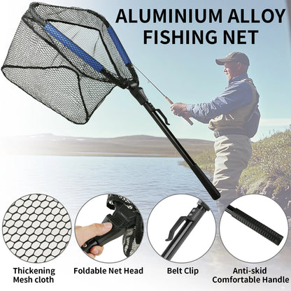 Fishing Landing Net Aluminum Alloy Durable Telescoping Extend to 190cm/130cm/55cm Folding Mesh Safe Fish Catching Releasing