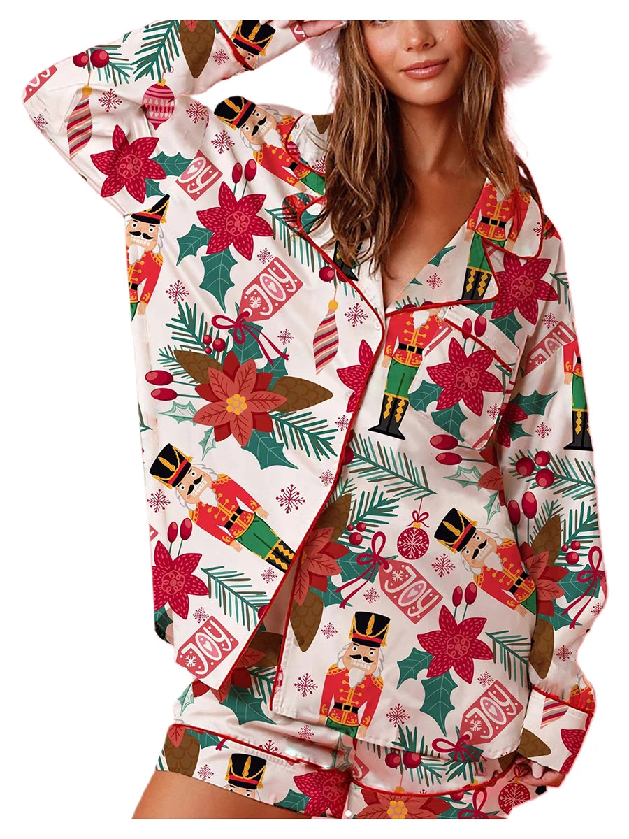 Women s 2 Piece Lounge Set Cozy Reindeer Christmas Tree Print Top and Bottom Pajama Set for Winter Nights
