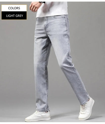 Summer Elastic Men's Jeans Fashion Gray Comfortable Business Straight Stretch Cotton Casual Denim Pants Brand Male Thin Trousers