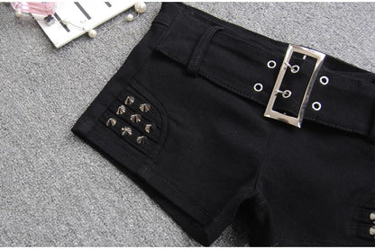 Denim Shorts Women Low-waisted Black Slim Fit Sexy Hot Girls Rivet Belt Design Unique All-match Nightclub Bodycon Summer Y2k
