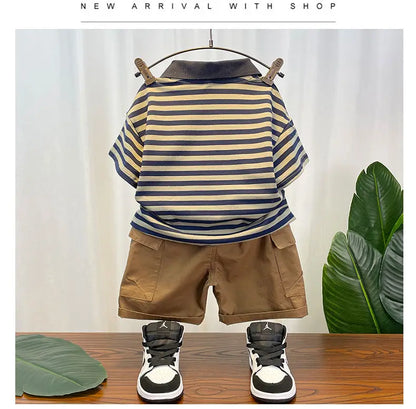 Korean Children's Clothes 2025 Summer Kids Clothes Boys Outfits Baby Thin Short Sleeves Stripe Polo Shirt +Shorts Two Pieces Set