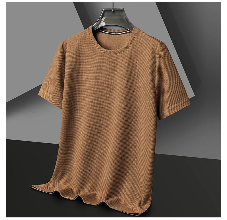 Men's New Summer Waffle round Neck Short Sleeve T-Shirt Comfortable Breathable Short-Sleeved Top for Casual Wear