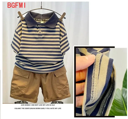 Korean Children's Clothes 2025 Summer Kids Clothes Boys Outfits Baby Thin Short Sleeves Stripe Polo Shirt +Shorts Two Pieces Set