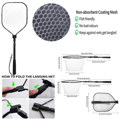Fishing Landing Net Aluminum Alloy Durable Telescoping Extend to 190cm/130cm/55cm Folding Mesh Safe Fish Catching Releasing