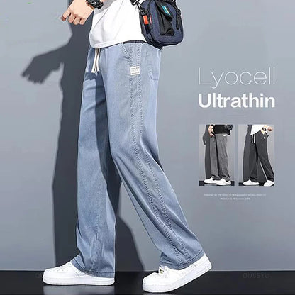 Summer soft Lyocell fabric men's jeans loose straight leg pants drawstring elastic waist Korean casual pants plus size M-5XL