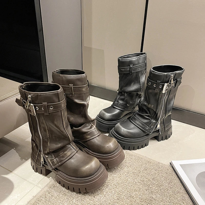 2023 New Shoes for Women Belt Buckle Women's Boots Fashion Side Zipp Modern Boots Women High Quality Round Toe Mid-Calf Zapatos