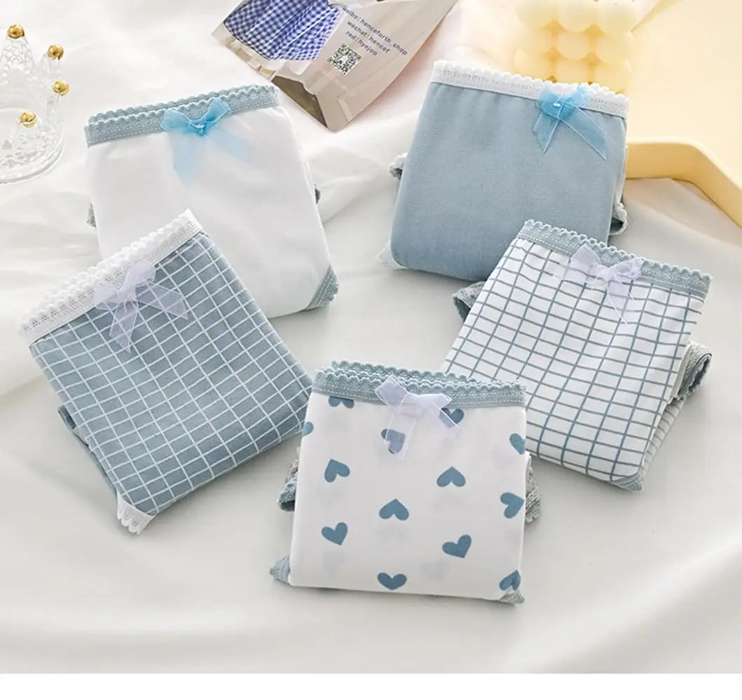 5pcs Women’s Cotton Panties Underwear Briefs Set Cute Bow Heart Plaid Print Soft Breathable Comfy Intimates Lingerie