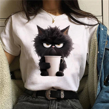 Funny Cat Women Summer White Print T-shirt Girl Casual Short Sleeve O Neck Top For Summer Female Animal Clothing
