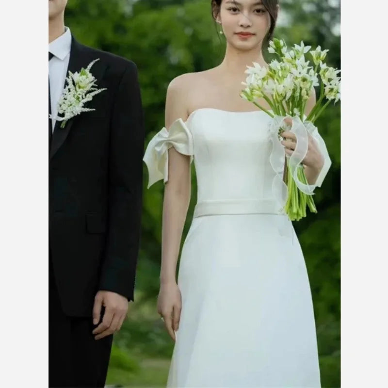 Wedding Dresses Sweet Bow Off The Shoulder For Women 2025 Satin Black Evening Dress Elegant Floor-length Simple Wedding Shooting