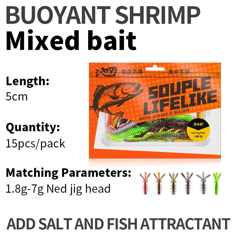 LINNHUE Floating Soft Shrimp Fishing Bait NED Rig Wobblers Shrimp Swim Lure Jig Salt Silicone Swimbait with Fish Attractant