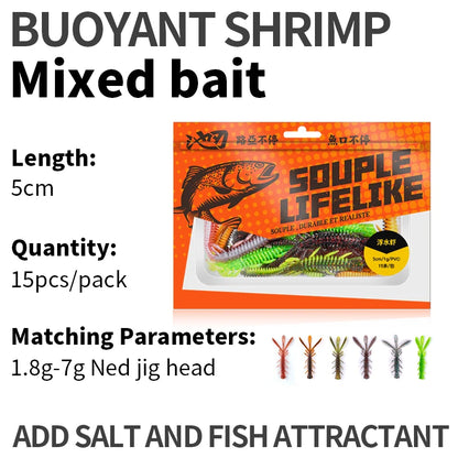 LINNHUE Floating Soft Shrimp Fishing Bait NED Rig Wobblers Shrimp Swim Lure Jig Salt Silicone Swimbait with Fish Attractant
