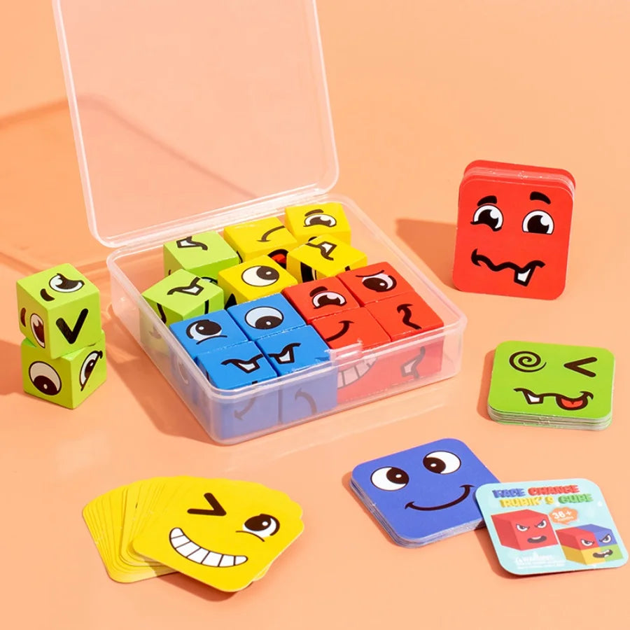 Kids Emotions Expression Game Wooden Cube Face Changing Board Cartoon Puzzle Toy Montessori Thinking Challenge Games