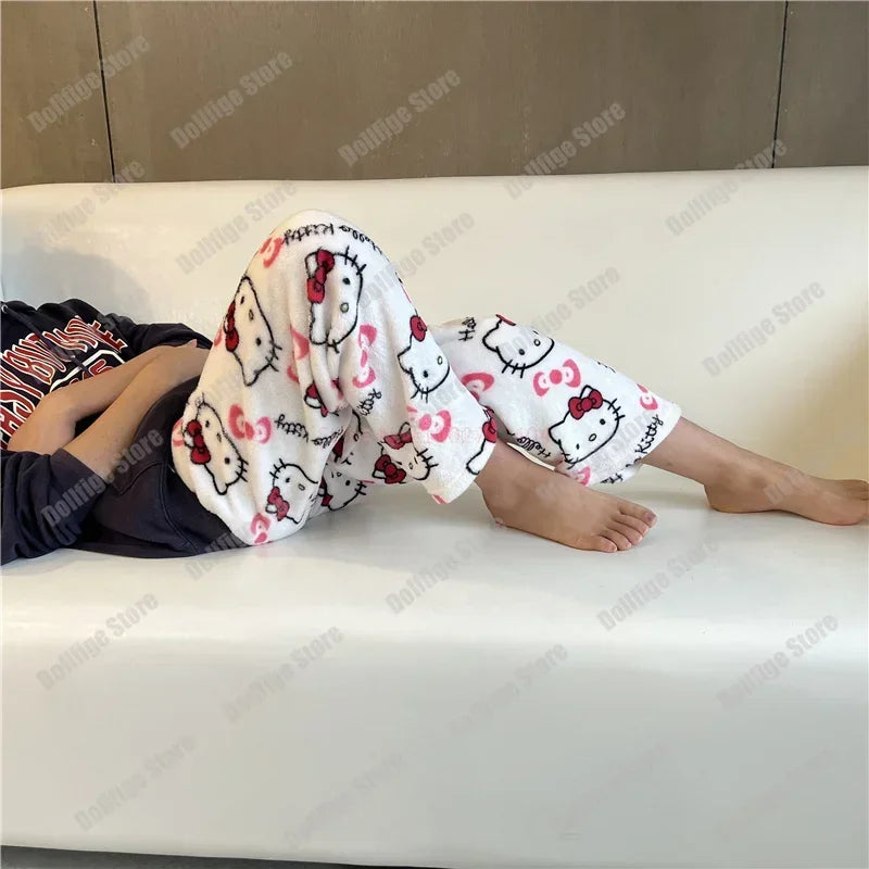 2024 Sanrio Hello Kitty Pajamas Halloween Flannel Fashion Trouserswomen Kawaii Woolen Anime Cartoon Casual Home Pants Autumn