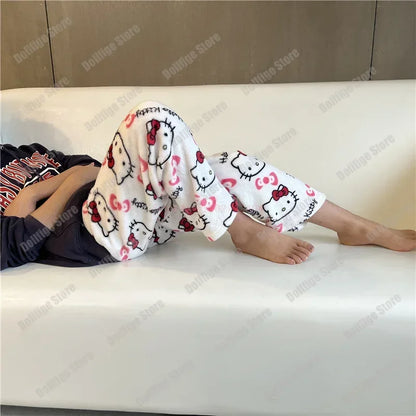2024 Sanrio Hello Kitty Pajamas Halloween Flannel Fashion Trouserswomen Kawaii Woolen Anime Cartoon Casual Home Pants Autumn