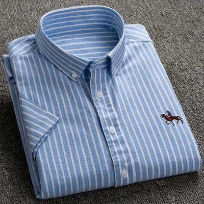 100% Pure Cotton Oxford Shirt For Men’s Short Sleeve Solid Stripe Leisure Embroidered Horse Social Business Formal Dress Shirts