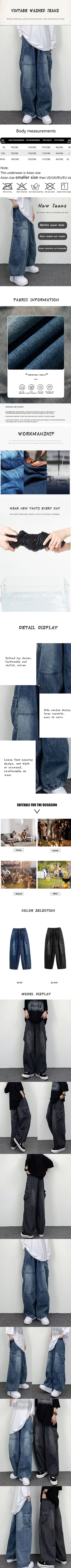 Spring And Autumn Vintage Wide Leg Big Pocket Overalls Men Y2K Neutral Loose Straight Leg Casual High Street Hip Hop Jeans