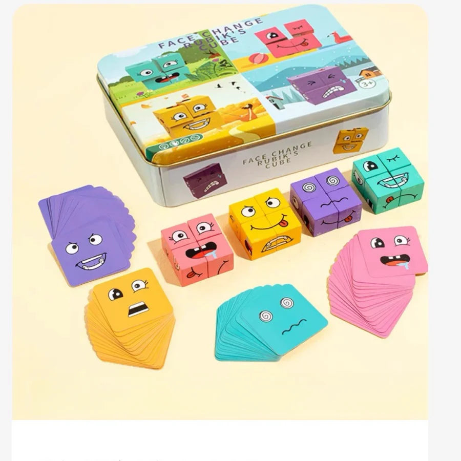 Kids Emotions Expression Game Wooden Cube Face Changing Board Cartoon Puzzle Toy Montessori Thinking Challenge Games