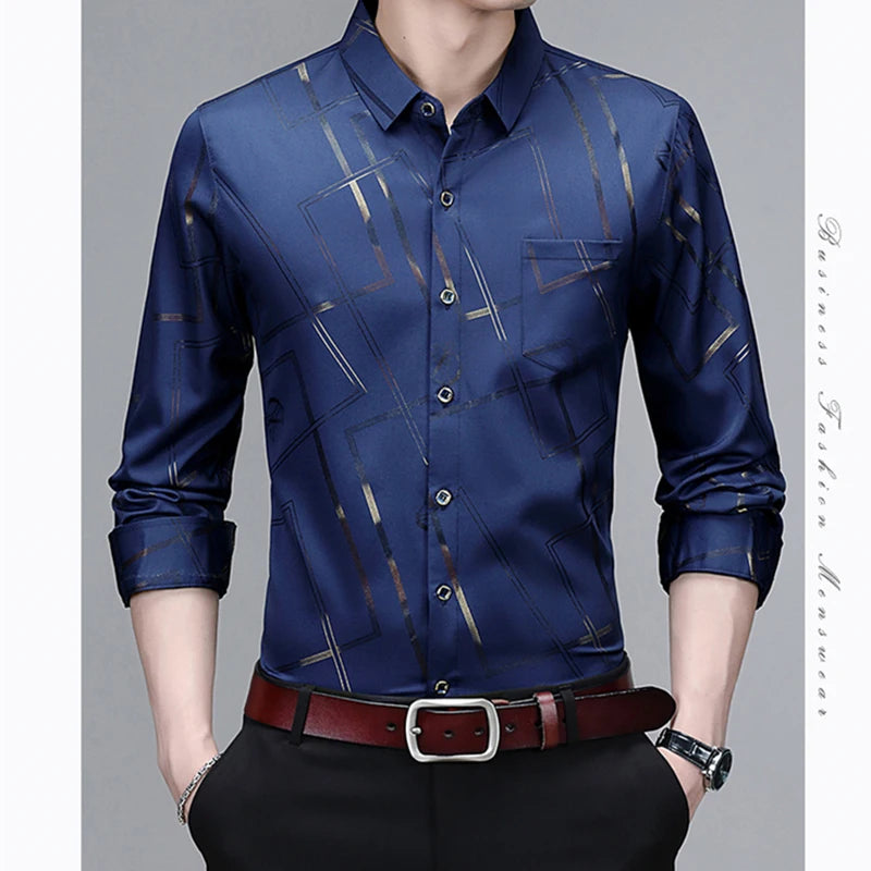 Men's Casual and Fashionable Long Sleeved Printed Shirt, Non Ironing and Wrinkle Resistant Business Top