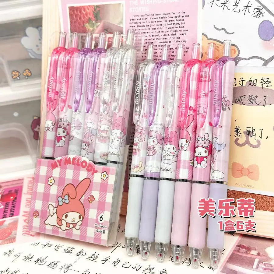 6pcs Cartoon Kuromi Writing Pen Kawaii Hello Kitty Cinnamoroll Melody 0.5mm Quick Drying ST Gel Pen Student School Stationery