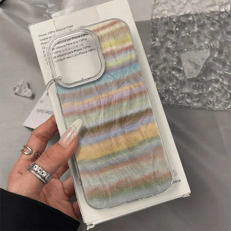 Korea Popular Rainbow Phone Case For IPHONE 16 PRO 11 12 13 14 15 Promax XS XR 7 8 Plus SE Minimalism Feather Pattern Cover Y2k