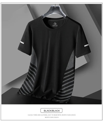 Running T-shirt Men Summer Ice Silk Thin Top Reflective Printing Quick Dry Short Sleeve Breathable Fitness Sports T-shirt 5XL