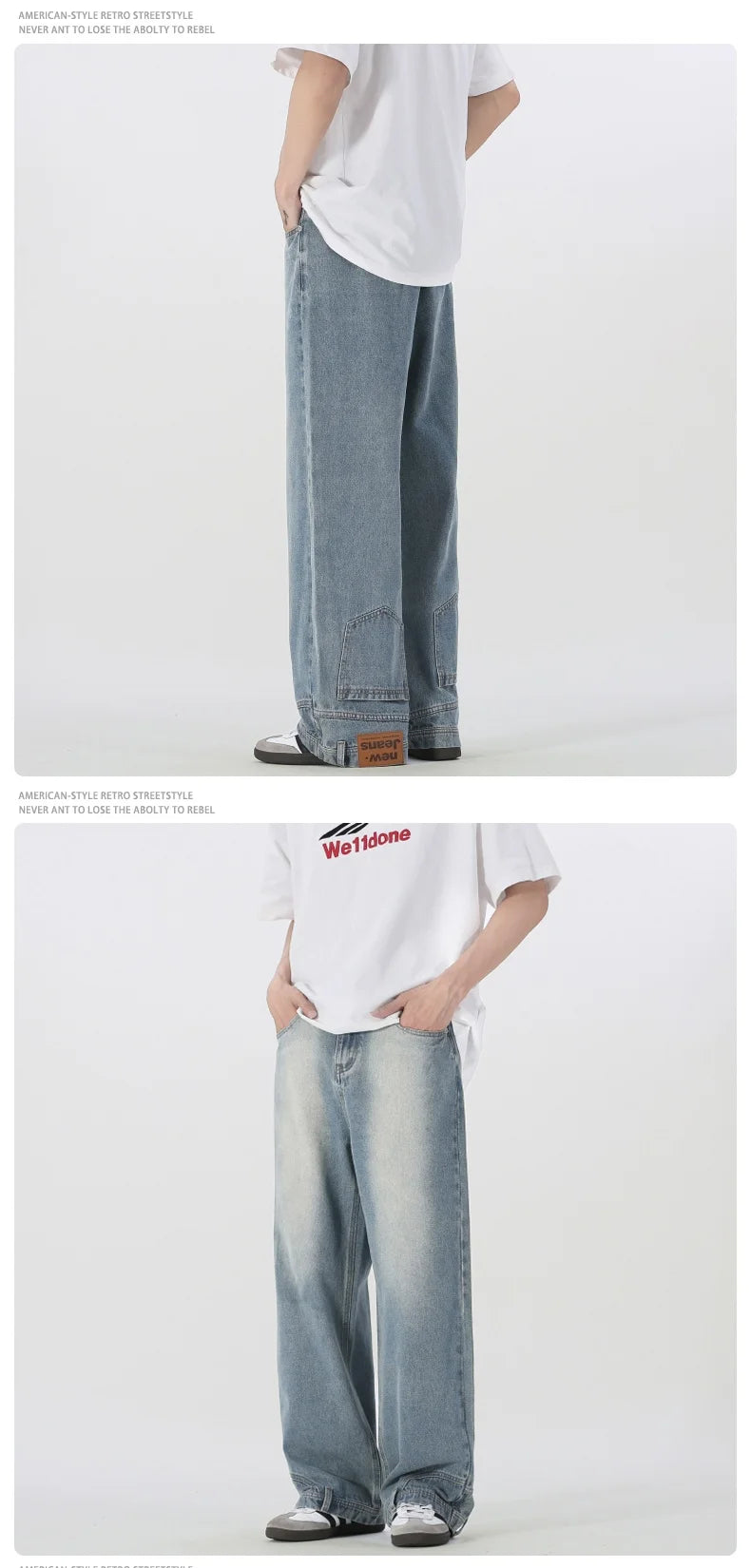 Vintage American Retro Reverse Side Turned Denim Jeans Men Women Couple Straight Wide Leg Baggy Drag Pants Trendy