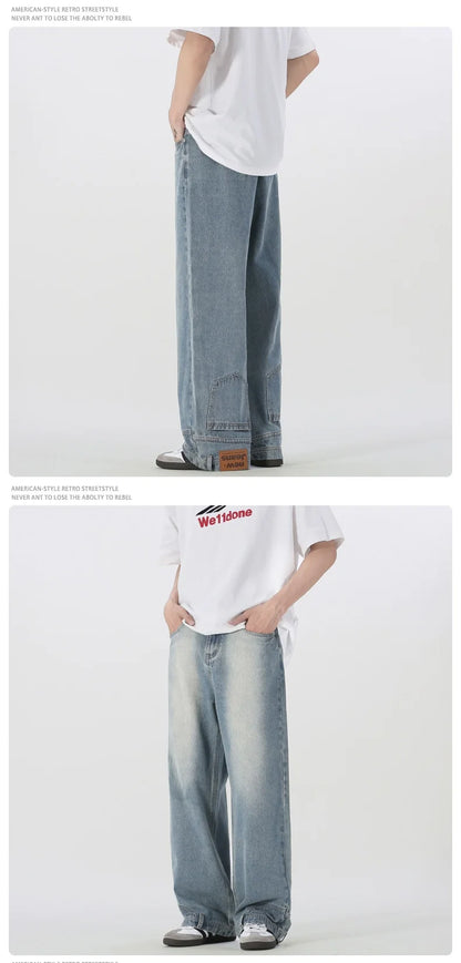 Vintage American Retro Reverse Side Turned Denim Jeans Men Women Couple Straight Wide Leg Baggy Drag Pants Trendy