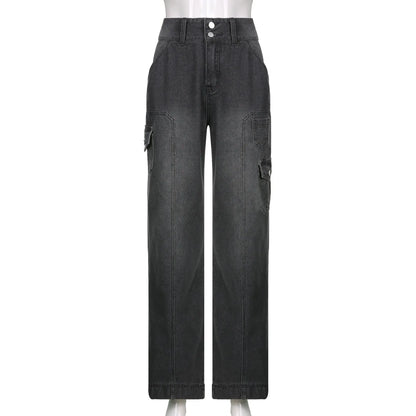 2025 Women's Cargo Jeans High Waist Baggy Dad Pants - Streetwear Straight Leg Casual Jeans with Irregular Pockets Free Shipping