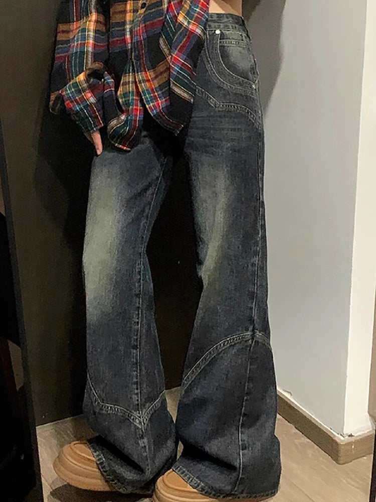 Y2K Spicy Girl Dark Series Wide Leg Jeans Women's New High Street Splicing Loose High Waist Slimming Flare  Pants