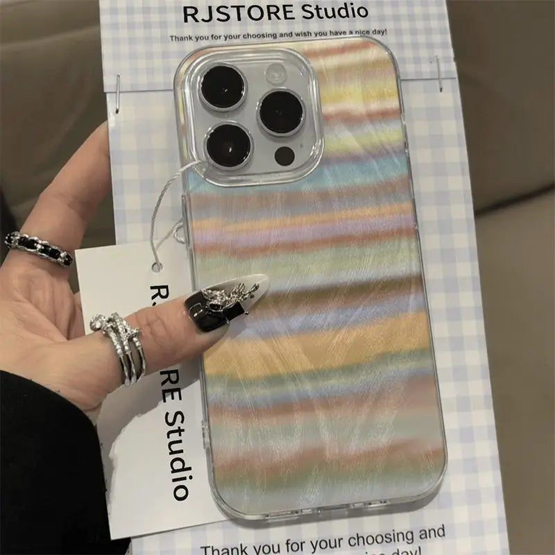 Korea Popular Rainbow Phone Case For IPHONE 16 PRO 11 12 13 14 15 Promax XS XR 7 8 Plus SE Minimalism Feather Pattern Cover Y2k