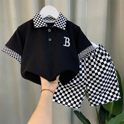 Korean Children's Clothes 2025 Summer Kids Clothes Boys Outfits Baby Thin Short Sleeves Stripe Polo Shirt +Shorts Two Pieces Set