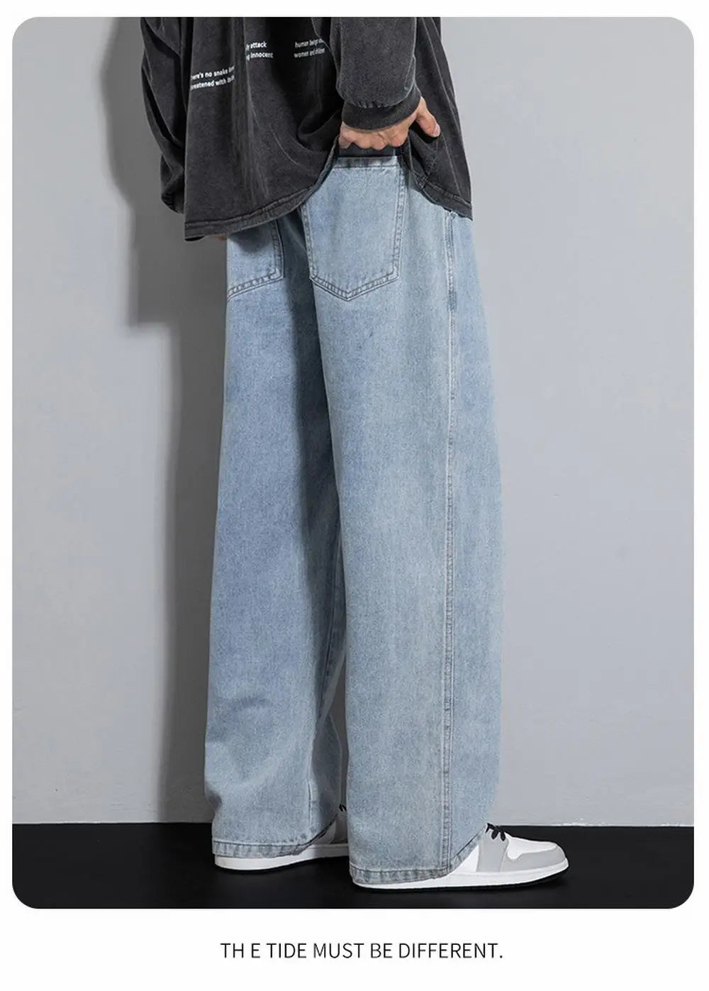 Dragging Streetwear Loose Jeans Men Korean Style Fashion Loose Straight Wide Leg Pant Men's Brand Clothing Black Light Blue Grey