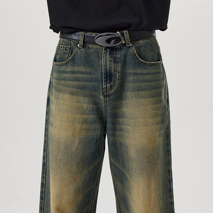 Vintage Distressed Men's Baggy Straight Jeans Spring Autumn Korean High Street Moustache Effect Denim Pants Streetwear Trousers