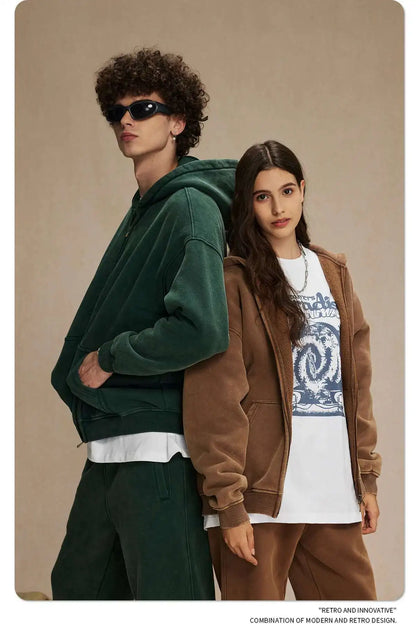 IEFB Men's Wear Wax Printing Vintage Male Hoodies Oversized Loose Zipper Water Washed Plush Sweatshirt Trendy New 9C9349