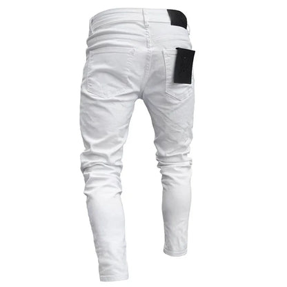 White Embroidery Skinny Ripped Jeans Men Cotton Stretchy Hole Slim Fit Hip Hop Denim Pants Casual Jeans for Men Jogging Trousers