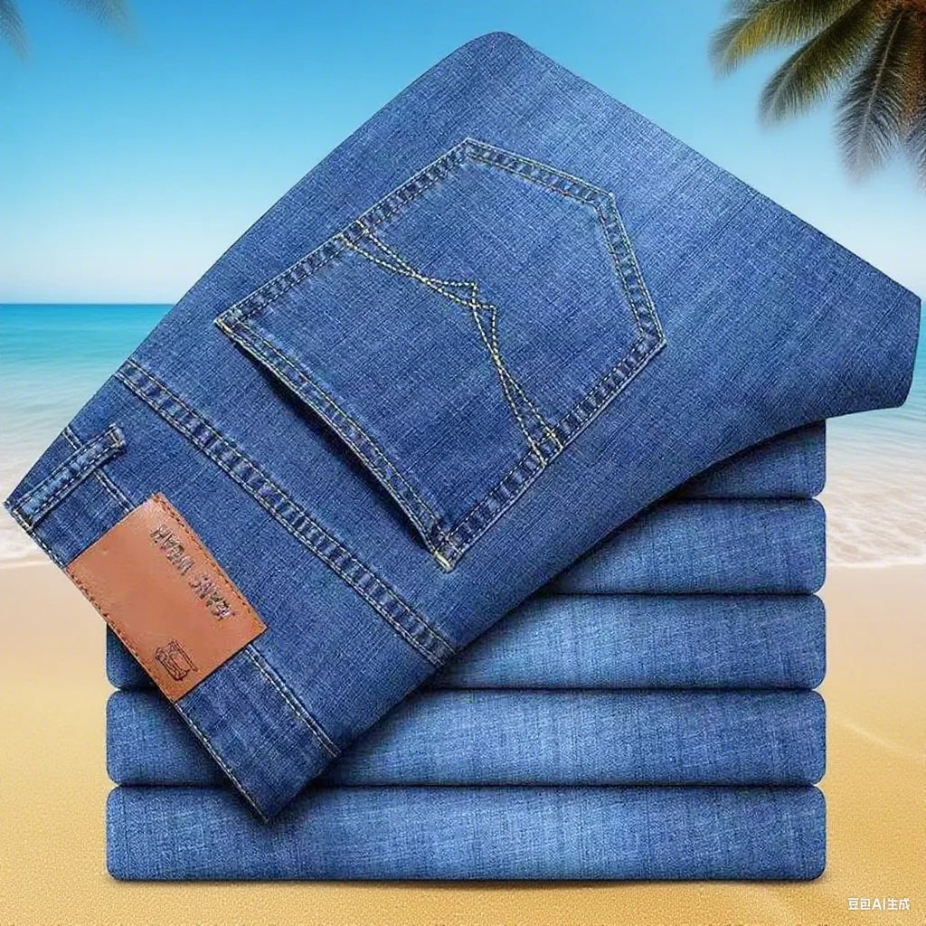 Men's comfortable and soft business casual denim pants, slim fit straight leg pants, fashionable men's brand, light luxury elast