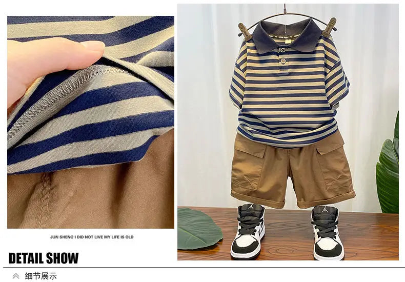 Korean Children's Clothes 2025 Summer Kids Clothes Boys Outfits Baby Thin Short Sleeves Stripe Polo Shirt +Shorts Two Pieces Set