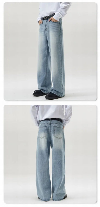 Vintage Distressed Men's Baggy Straight Jeans Spring Autumn Korean High Street Moustache Effect Denim Pants Streetwear Trousers