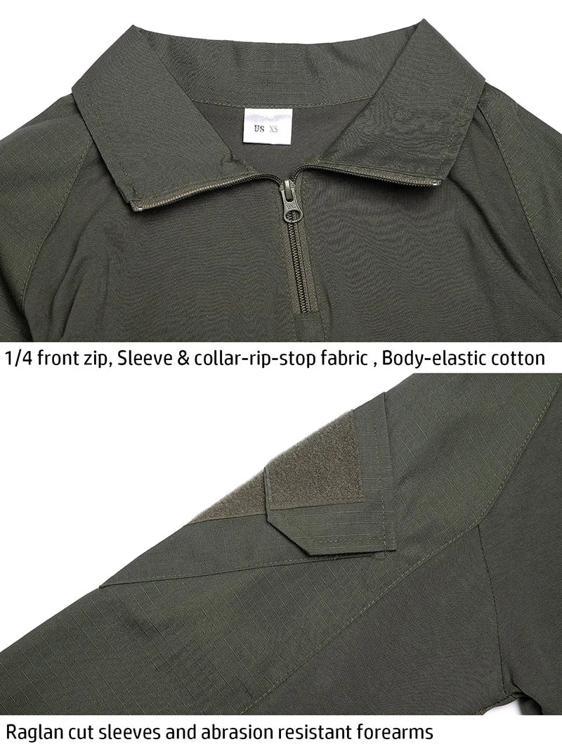 Men's Long Sleeve Combat Shirt 1/4 Zipper Ripstop Cotton Tactical Shirts Navy Blue Camoufalge Airsoft T Shirts