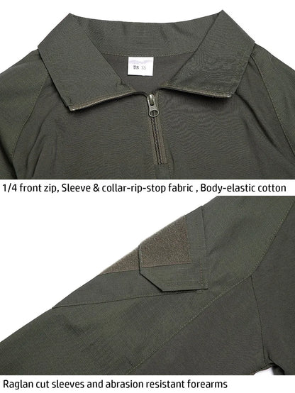 Men's Long Sleeve Combat Shirt 1/4 Zipper Ripstop Cotton Tactical Shirts Navy Blue Camoufalge Airsoft T Shirts