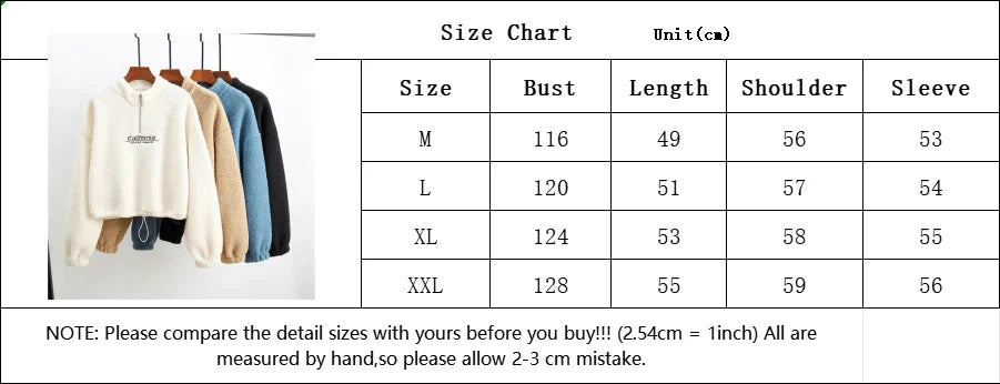 Women Letter Embroidery Stand Neck Fleece Cropped Hoodies Autumn Long Sleeve Drawstring Sweatshirt New Casual Plush Velvet Tops