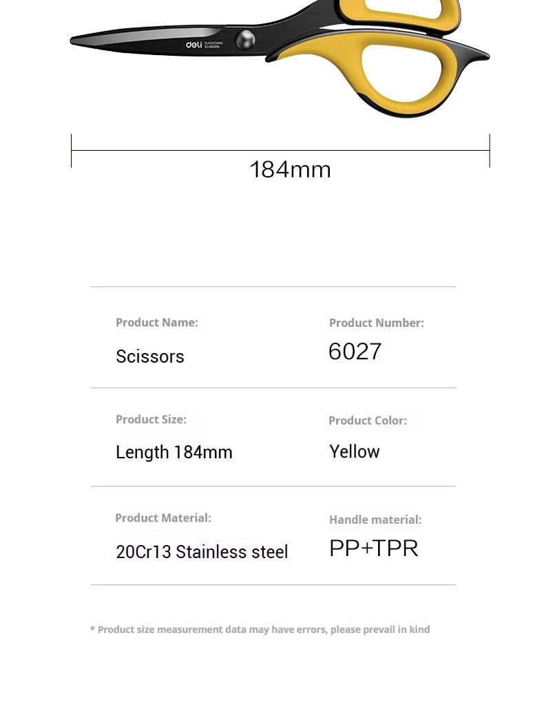 Deli-Stainless Steel Anti-Stick Scissors, Alloy Stationery, School Supplies, Office, Student, DIY, Hand Craft, 184mm