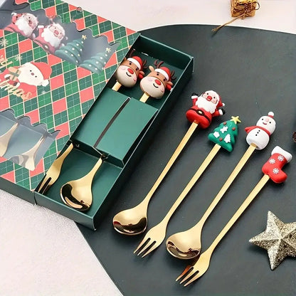 Christmas Themed Cutlery Set Stainless Steel Creative Cartoon Knife Fork Spoon 2/4/6pcs Set Holiday Gift Cutlery Decoration
