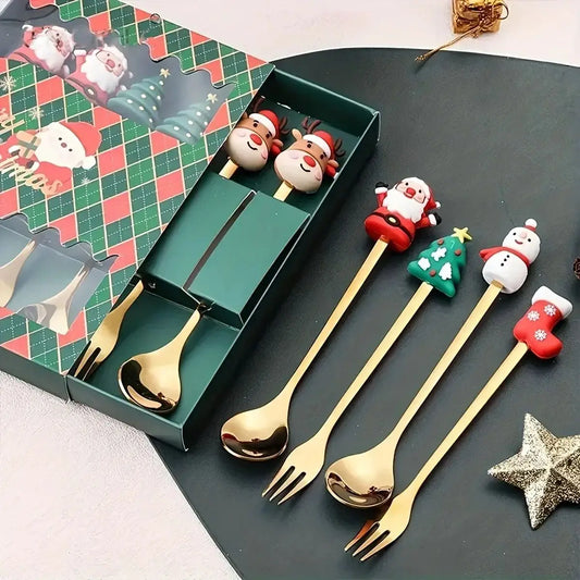 Christmas Themed Cutlery Set Stainless Steel Creative Cartoon Knife Fork Spoon 2/4/6pcs Set Holiday Gift Cutlery Decoration
