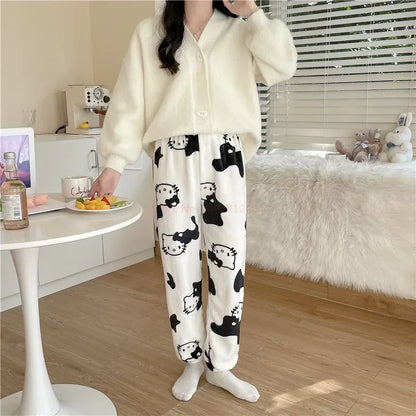 2024 Sanrio Hello Kitty Pajamas Halloween Flannel Fashion Trouserswomen Kawaii Woolen Anime Cartoon Casual Home Pants Autumn