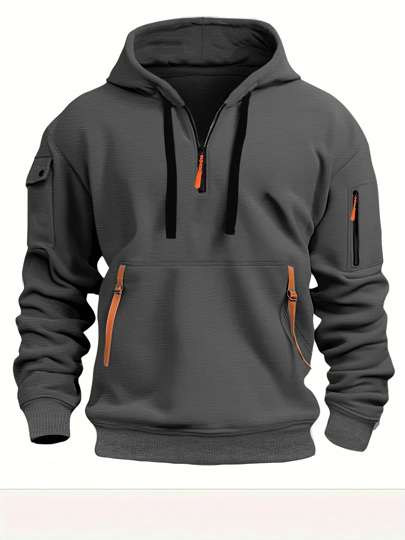 Men's Casual Sports Hoodie Spring Autumn Fashion Solid Color Long-Sleeved Pullover with Arm Pocket And Pull Rope plus Size