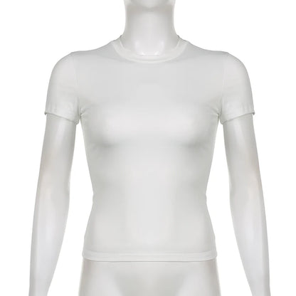 Basic Solid Crop Top Short Sleeve Crewneck Skinny T-shirt Summer Casual Tee for Women Y2K Vintage Top Harajuku Streetwear