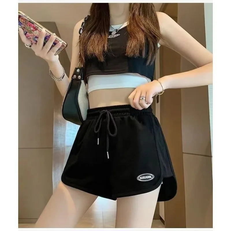 Women Casual Drawstring Sports Shorts Summer Thin High Waist Yoga A-line Shorts Loose Women Running Straight Trousers